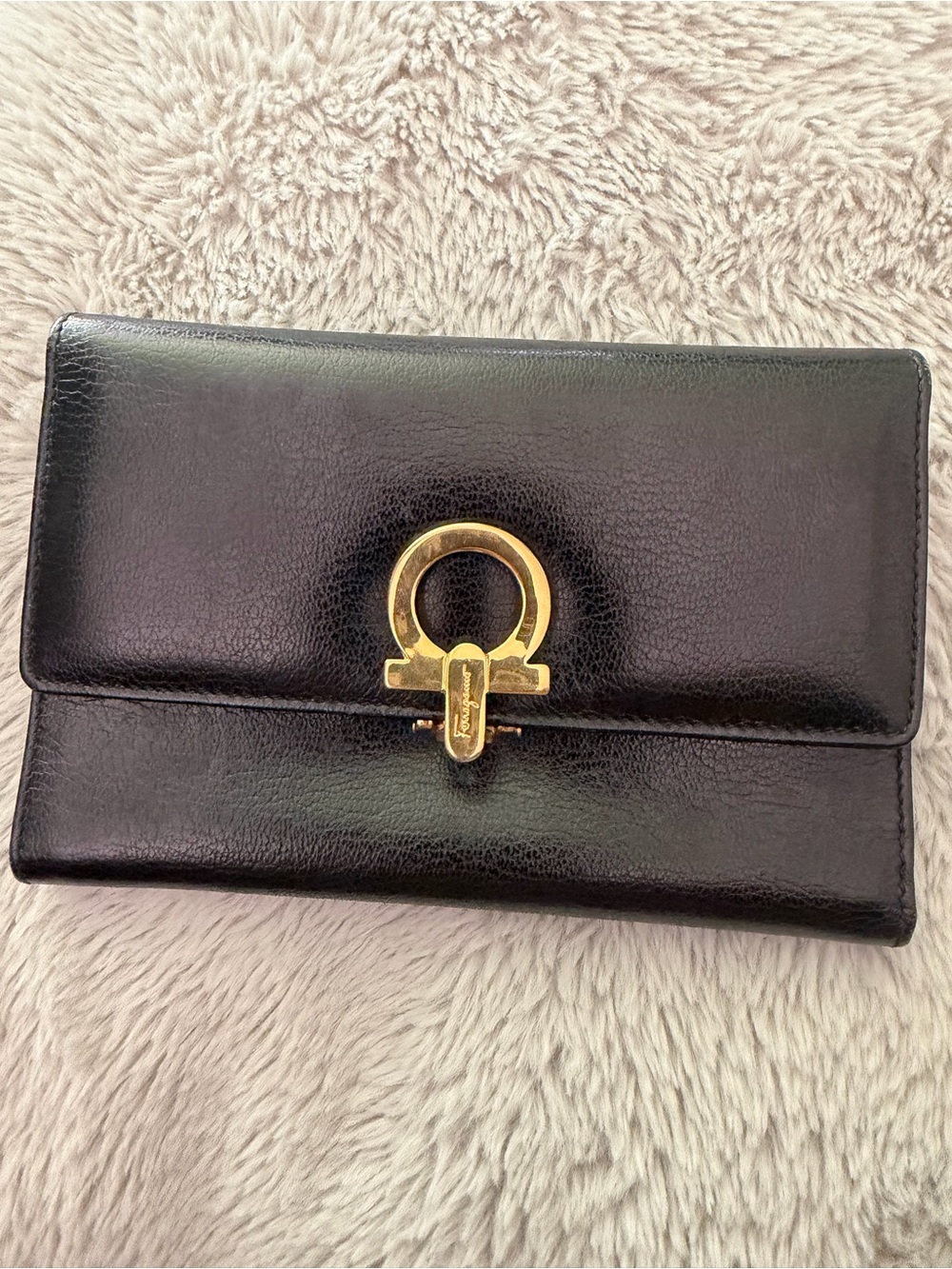 Salvatore Ferragamo Black Leather Wallet with Gold Gancini Hardware
